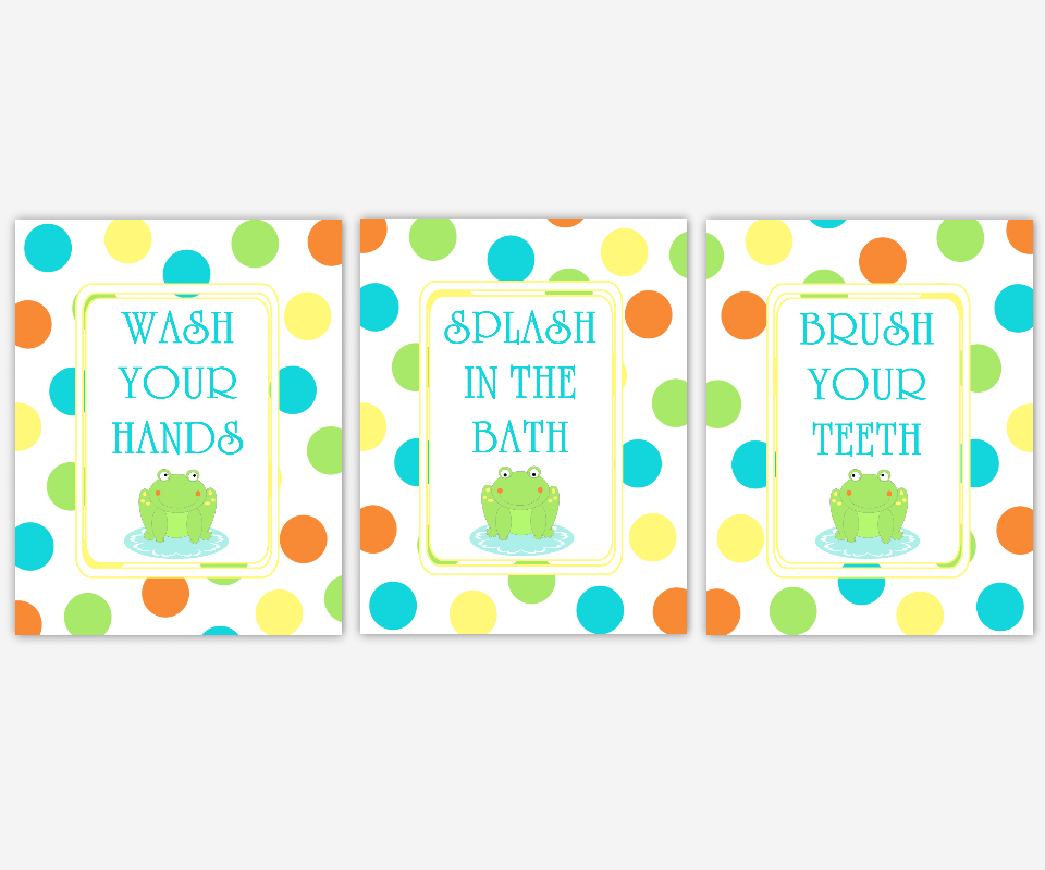 Kids Bathroom Wall Art Frogs Polka Dots Wash Your Hands Brush Your Teeth Bath Art for Childrens Bathroom Bath Rules Prints Art for Kids 00218