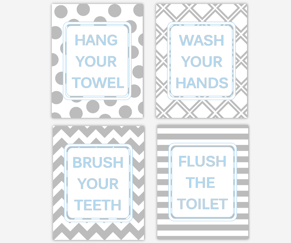Kids Bath Wall Art Blue Gray Wash Your Hands Brush Your Teeth Hang Your Towel Flush The Toilet Boys Bath Decor 00276