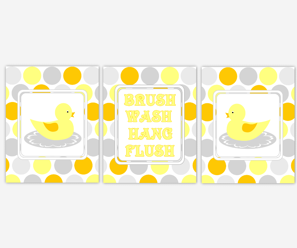 Kids Rubber Duck Ducky Bath Prints Wash Your Hands Brush Your Teeth Hang Your Towel Yellow Orange Gray Grey Duck Bath Prints for Childrens 00295
