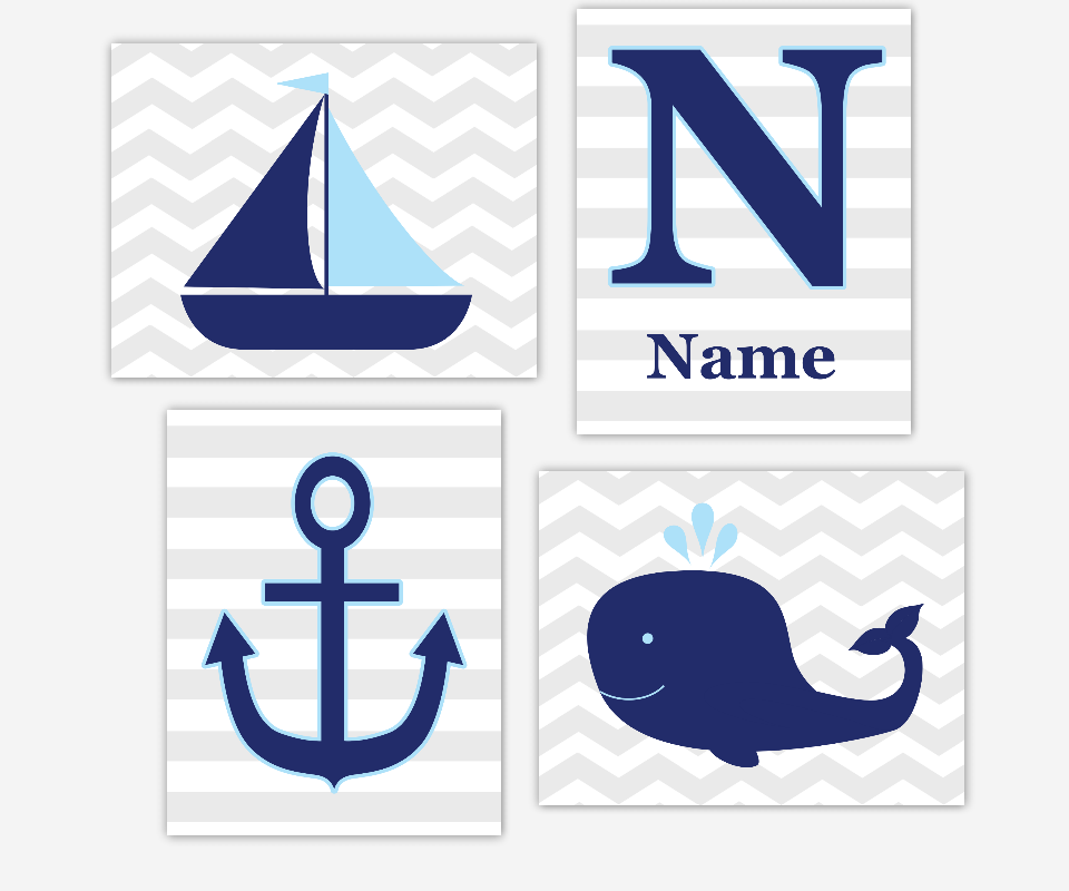 Personalized Baby Nursery Wall Art Navy Blue Nautical Sailboat Boat Anchor Whale Under The Sea Prints for Baby Nursery Prints Kid Bath Monogram Name Wall Art 00321