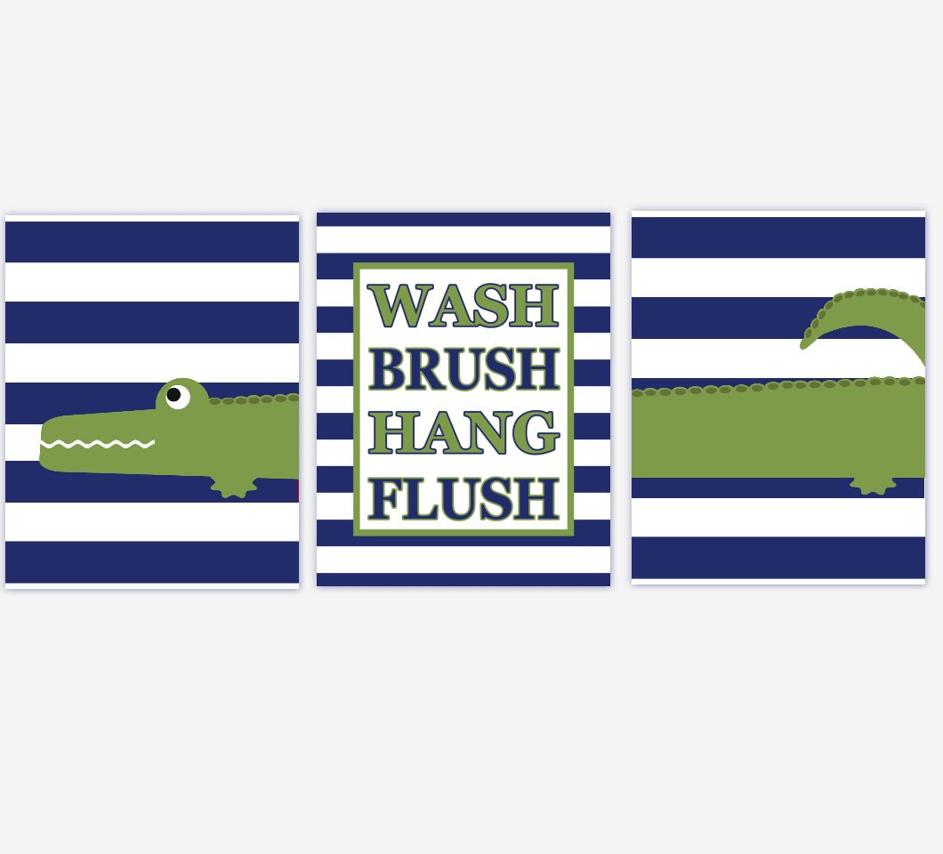Kids Bath Wall Art Alligator Green Navy Blue Wash Brush Hang Flush Bathroom Rules Alligator Bath Decor Boys Bath Wall Art Kid Bath Decor Art 00624