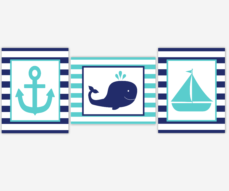Nautical Baby Boy Nursery Wall Art Navy Teal Turquoise Boat Anchor Whale Boy Room Wall Decor Nautical Wall Decor Baby Boy Nursery Decor Art SET OF 3 UNFRAMED PRINTS 00615
