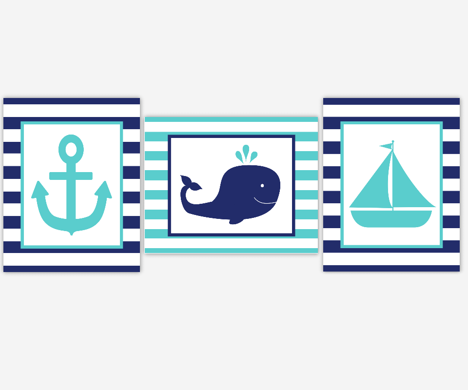 Nautical Baby Boy Nursery Wall Art Navy Teal Turquoise Boat Anchor Whale Boy Room Wall Decor Nautical Wall Decor Baby Boy Nursery Decor Art Set Of 3