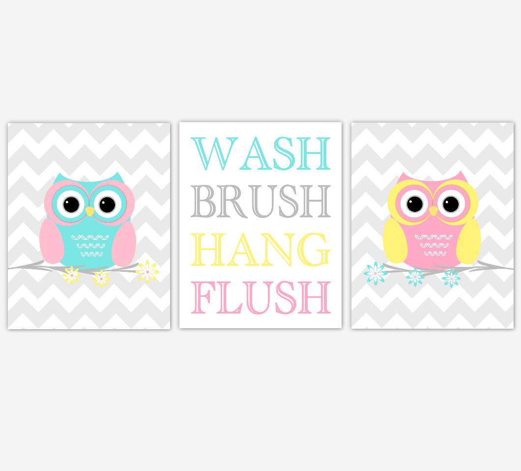 KIDS Bath Wall Art OWL Bath Prints Wash Brush Hang Flush Owl Nursery Decor Children Bathroom Prints Owl Bath Decor Yellow Pink Aqua Bath Art SET OF 3 UNFRAMED PRINTS 00553