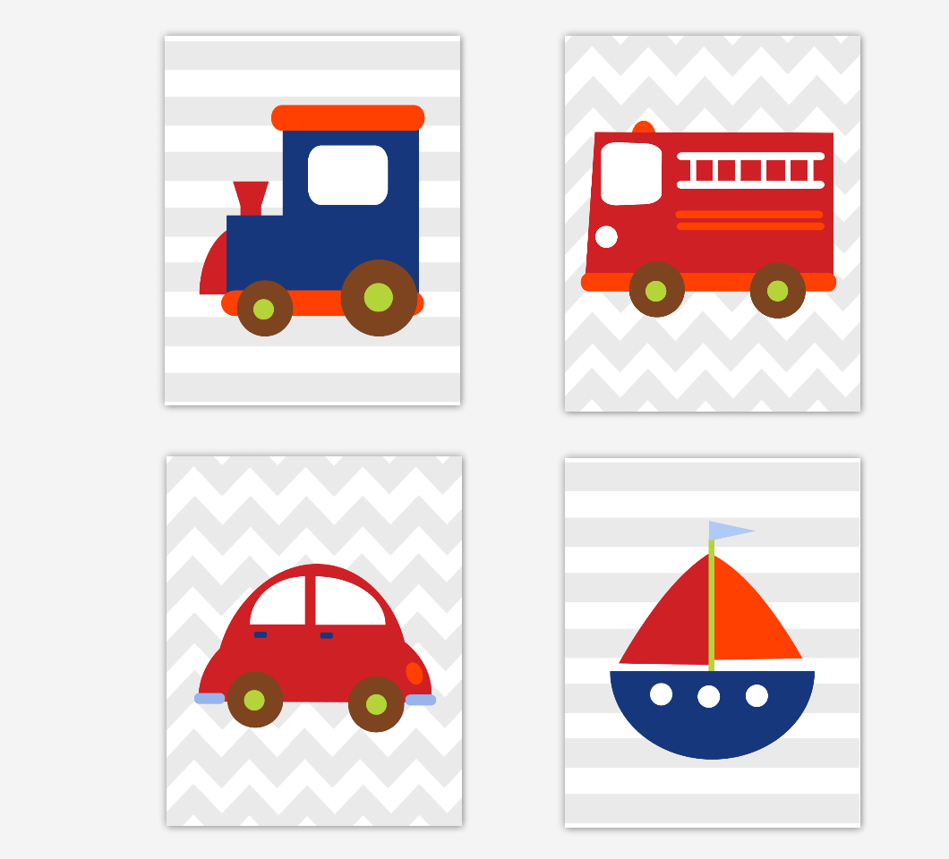 Transportation Baby Boy Nursery Wall Art Sailboat Train Car Fire Truck Toddler Boys Room Decor Wall Art 00137