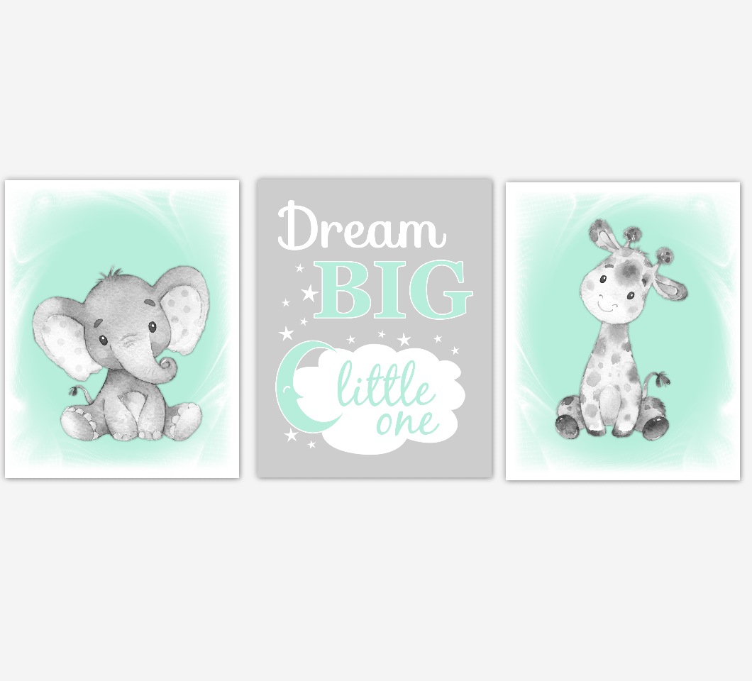 Safari Animals Baby Nursery Wall Art Elephant Giraffe Mint Green Baby Nursery Pictures Gender Neutral Baby Nursery Decor SET OF 3 UNFRAMED PRINTS 01961