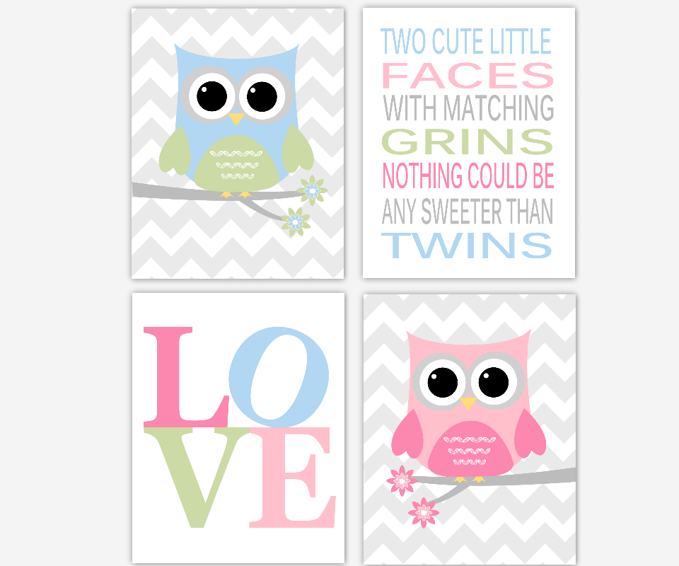 Twins Baby Nursery Wall Art Baby Girl Baby Boy Owls Twice The Fun