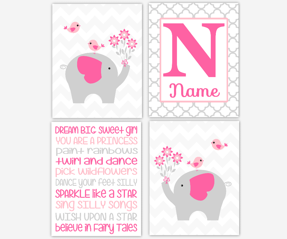 Baby Girl Nursery Wall Art Pink Gray Elephants Personalized Name