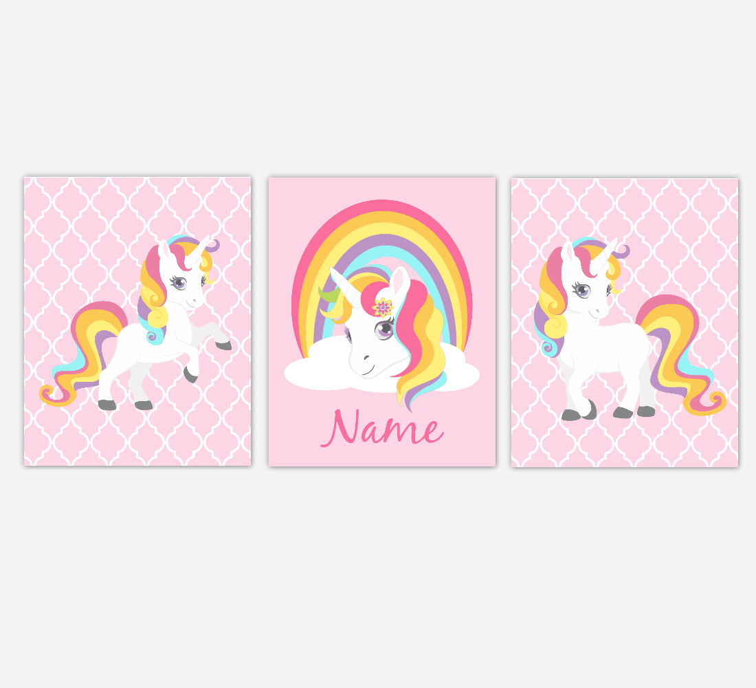 Rainbow Unicorn Wall Art Girl Bedroom Art Unicorn Baby Nursery Decor Art Prints Personalized Prints SET OF 3 UNFRAMED PRINTS 01966