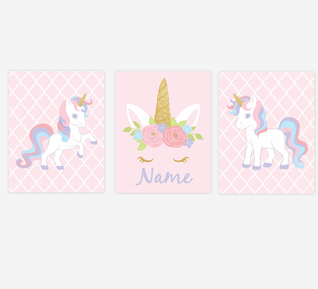 Unicorn Wall Art Girl Bedroom Pink Purple Blue Unicorn Baby Nursery Decor Art Prints Personalized Prints SET OF 3 UNFRAMED PRINTS 01967