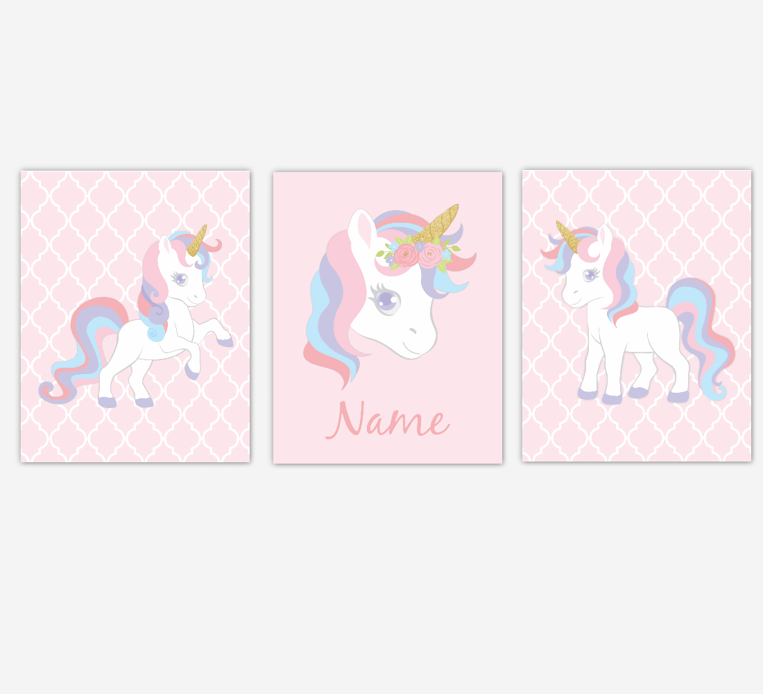 Unicorn Wall Art Girl Bedroom Pink Purple Blue Unicorn Baby Nursery Decor Art Prints Personalized Prints SET OF 3 UNFRAMED PRINTS 01968