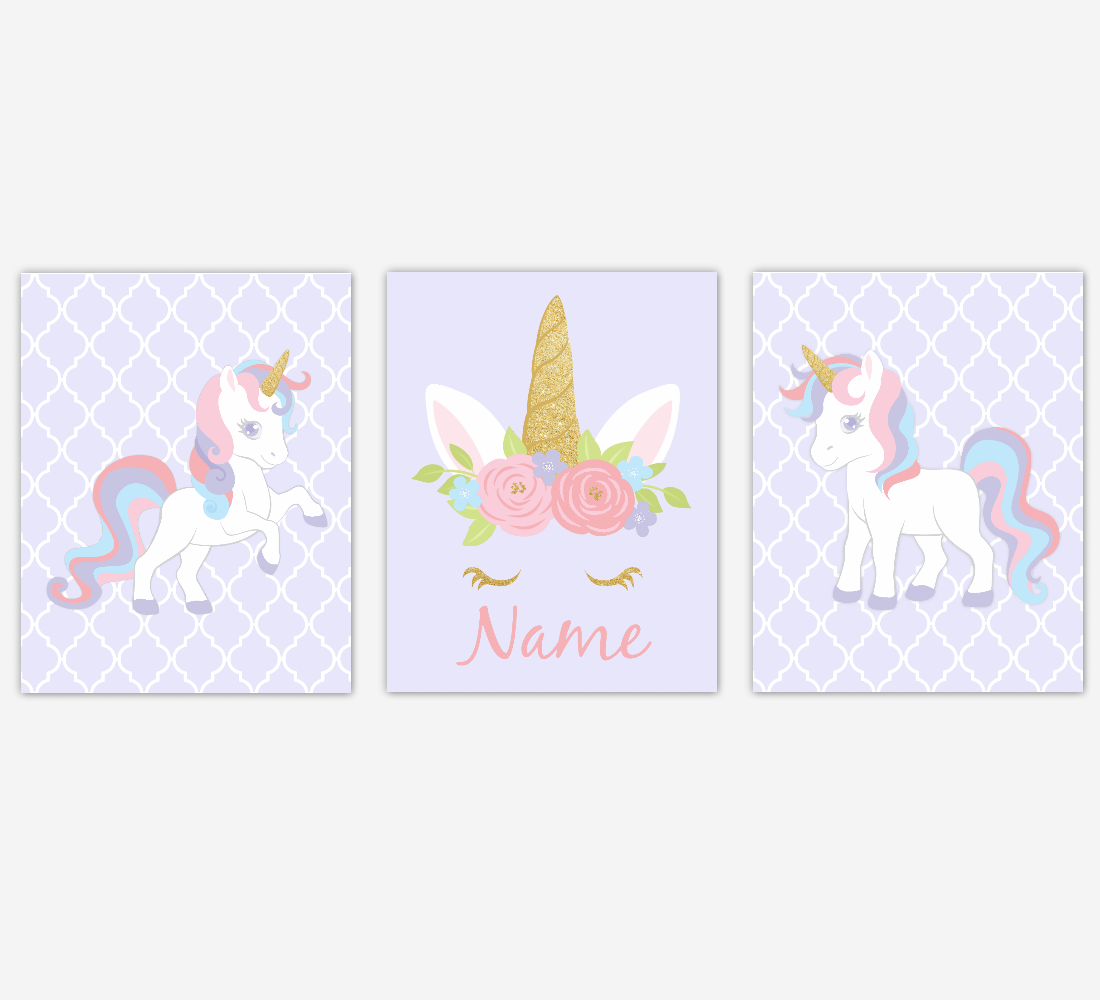 Unicorn Wall Art Girl Bedroom Pink Purple Blue Unicorn Baby Nursery Decor Art Prints Personalized Prints SET OF 3 UNFRAMED PRINTS 01969