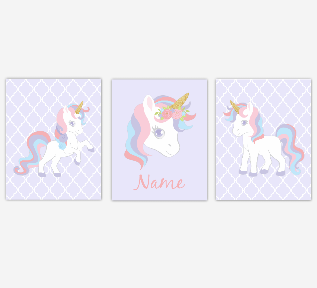 Unicorn Wall Art Girl Bedroom Pink Purple Blue Unicorn Baby Nursery Decor Art Prints Personalized Prints SET OF 3 UNFRAMED PRINTS 01970