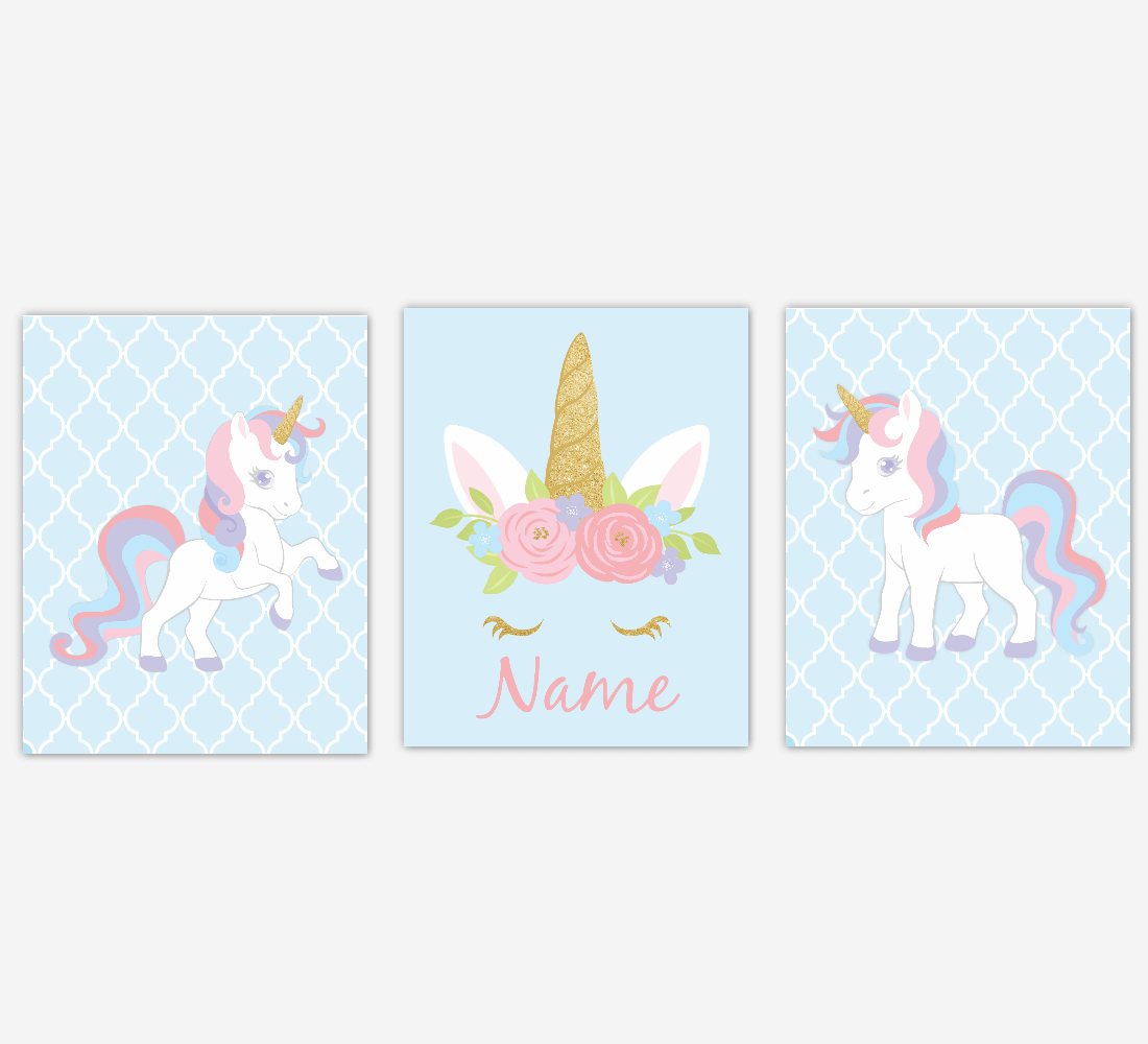 Unicorn Wall Art Girl Bedroom Pink Purple Blue Unicorn Baby Nursery Decor Art Prints Personalized Prints SET OF 3 UNFRAMED PRINTS 01971