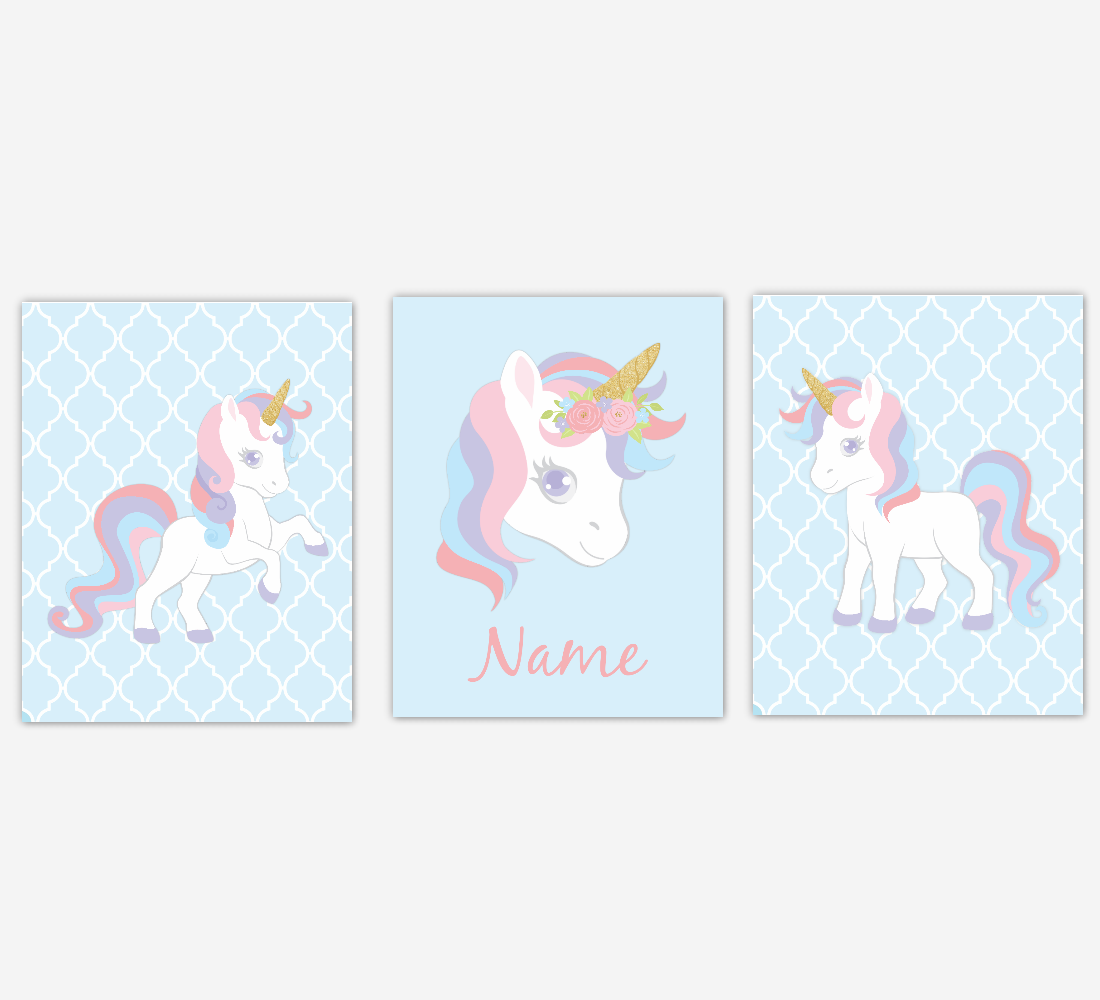 Unicorn Wall Art Girl Bedroom Pink Purple Blue Unicorn Baby Nursery Decor Art Prints Personalized Prints SET OF 3 PRINTS OR CANVAS 01972