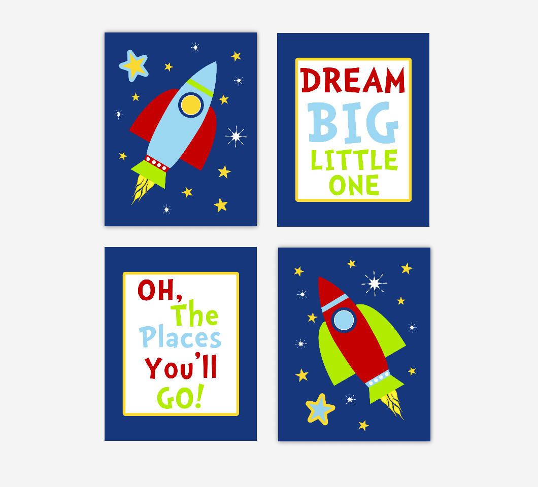 Baby Boy Nursery Wall Art Space Theme Rocket Ship Spaceship Personalized Name Dream Big Little One Baby Nursery Decor SET OF 4 UNFRAMED PRINTS 01133