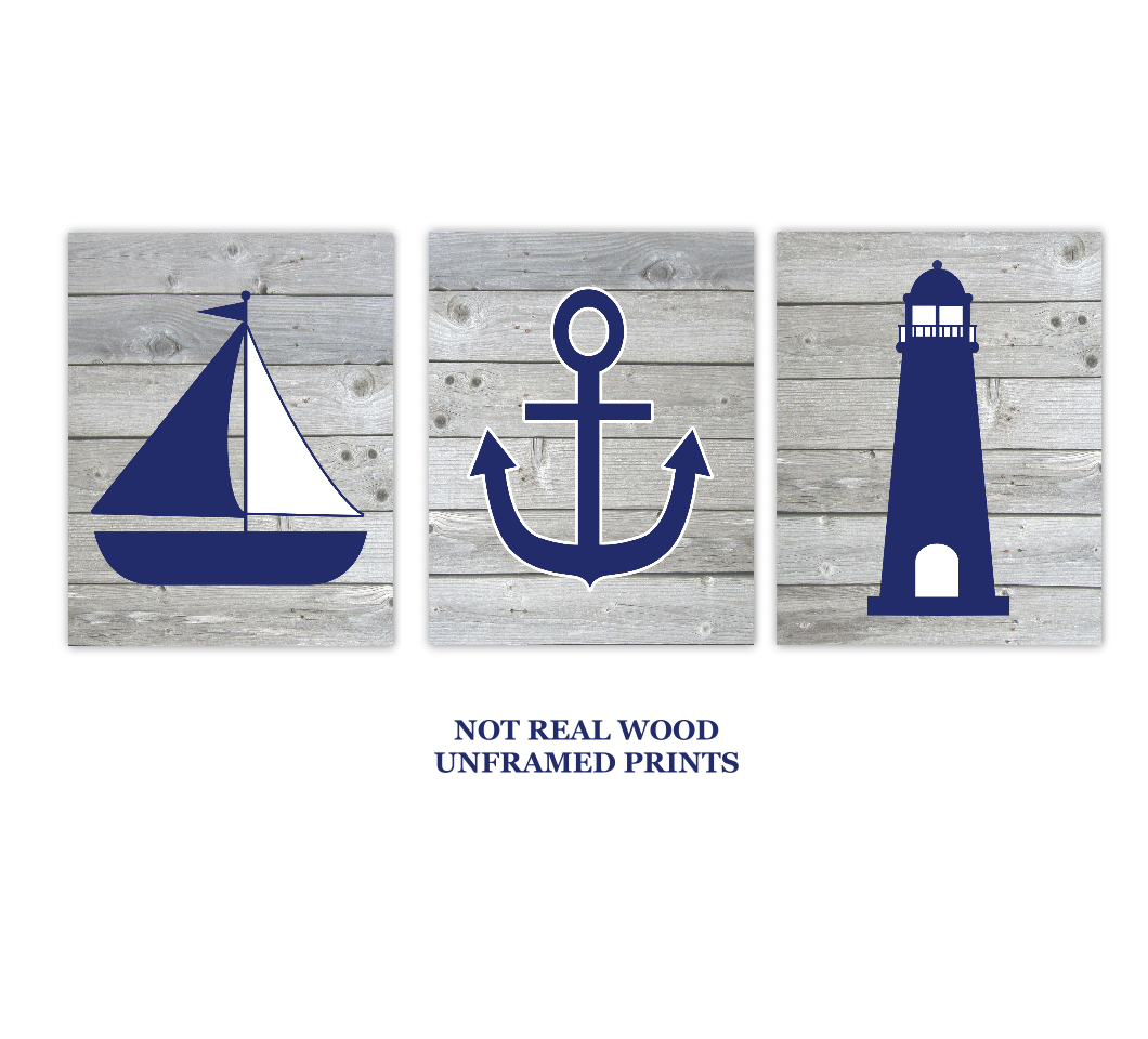 Nautical Wall Art Navy Blue Gray Sailboat LIghthouse Anchor Baby Boy Nursery Bath Prints Rustic Wood SET OF 3 UNFRAMED PRINTS 01027