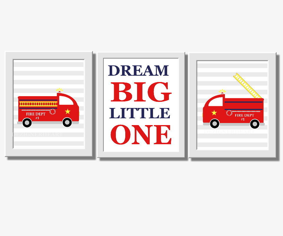 Baby Boy Nursery Wall Art Firetruck Fire Trucks Dream Big Little One Red Yellow Blue Gray Wall Art for Boys Room Decor 00129