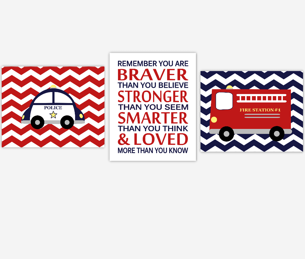 Baby Boy Nursery Wall Art Firetruck Police Car Navy Blue Red Remember You Are Braver Toddler Boy Bedroom Prints SET OF 3 UNFRAMED PRINTS 01135