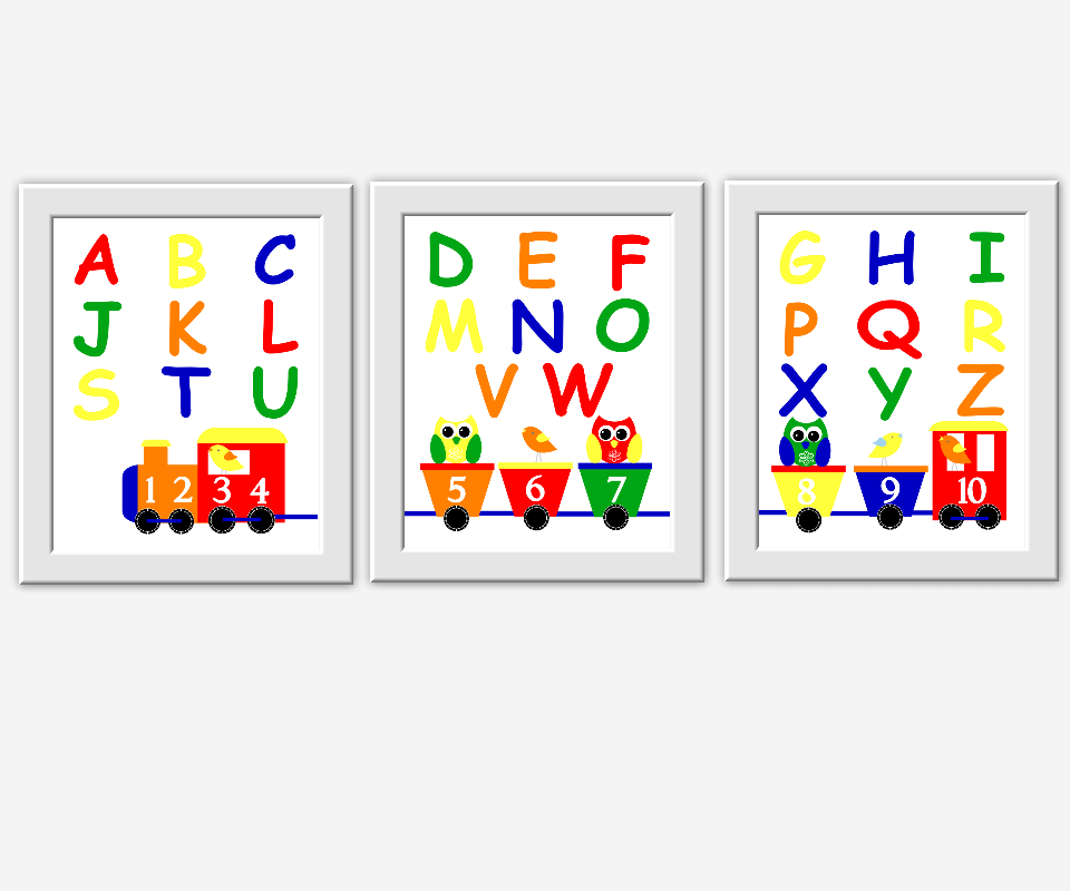 Baby Boy Nursery Wall Art Train ABC Alphabet Letters Numbers Owl Birds Owls Baby Boy Decor Playroom Wall Art Learning Art Primary Color Baby Nursery Decor Baby Boy Toddler Boy 00518