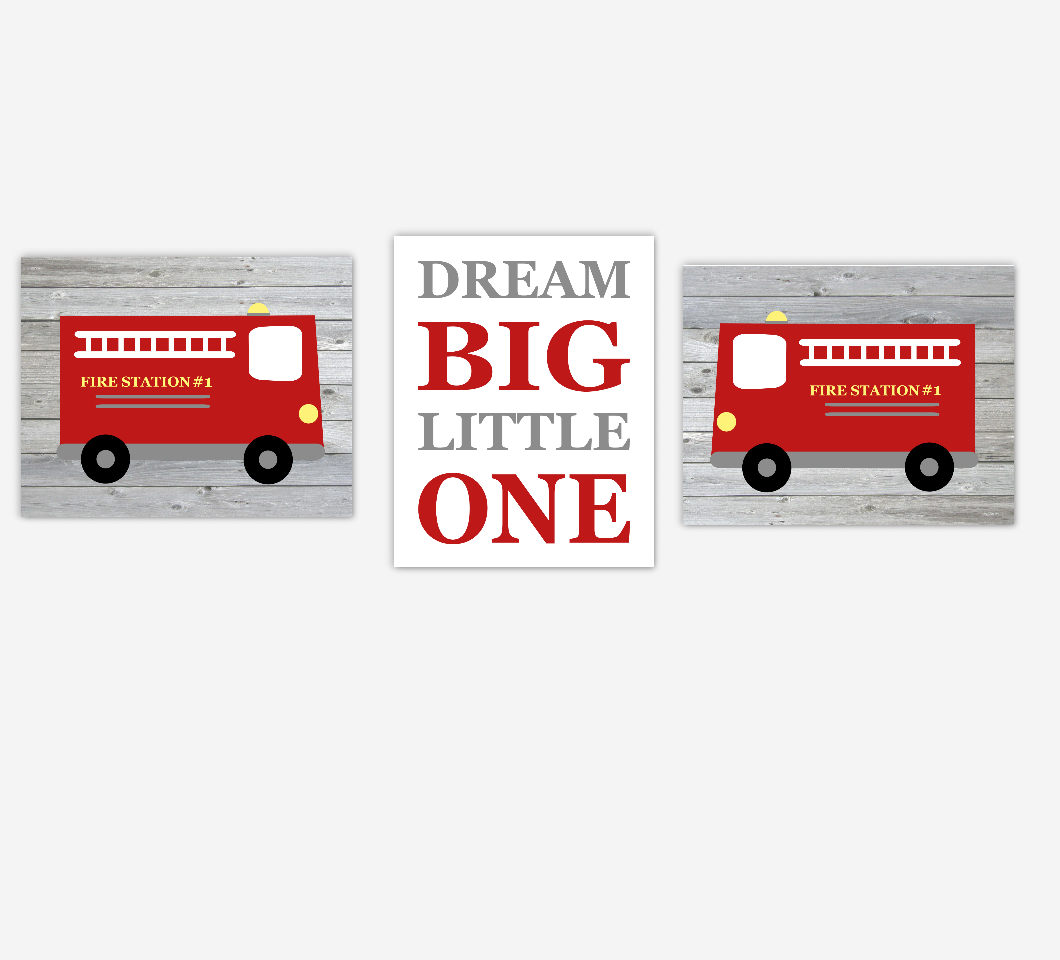 Fire Truck Baby Boy Nursery Wall Art Dream Big Little One Baby Nursery Decor SET OF 3 UNFRAMED PRINTS 01168