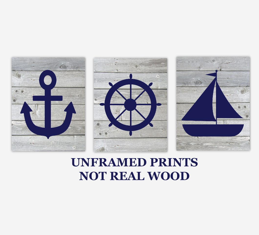 Nautical Baby Boy Nursery Wall Art Navy Blue Gray Rustic Wood Farmhouse Sailboat Anchor Captains Wheel Bath Prints SET OF 3 UNFRAMED PRINTS 01155