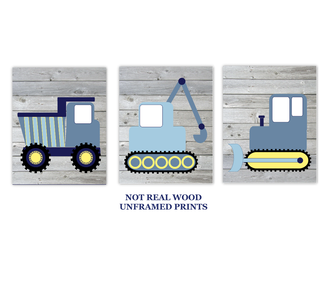 Construction Truck Baby Boy Nursery Wall Art Navy Blue Gray Trucks Toddler Bedroom Wood Rustic Baby Nursery Decor SET OF 3 UNFRAMED PRINTS 01028