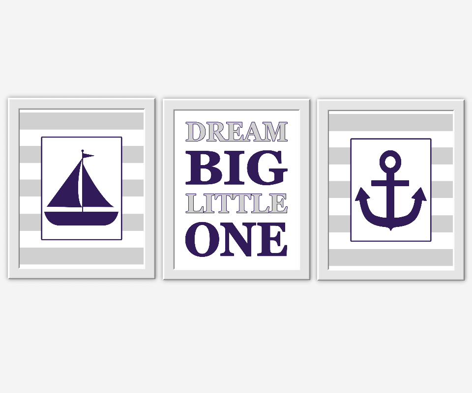 NAUTICAL Baby Nursery Wall Art Navy Blue Gray Sailboat Anchor Dream Big Little One Boys Room Prints Kids Bath Prints Home Decor Boy Bedroom Prints Baby Boy Nursery Decor Art 00447