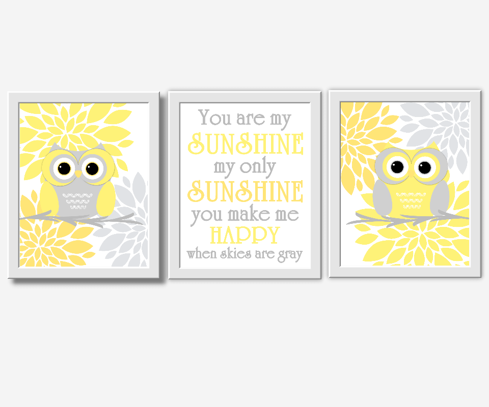 Yellow Gray Baby Girl Nursery Wall Art Grey Owls You Are My