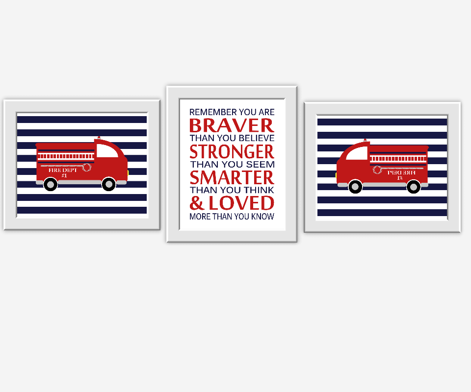 Fire Truck Baby Boy Nursery Wall Art Firetruck Red Navy Blue You are Braver Baby Boy Decor Boys Room Wall Art Playroom Art Toddler Boy Decor Art Baby Nursery Decor 00515