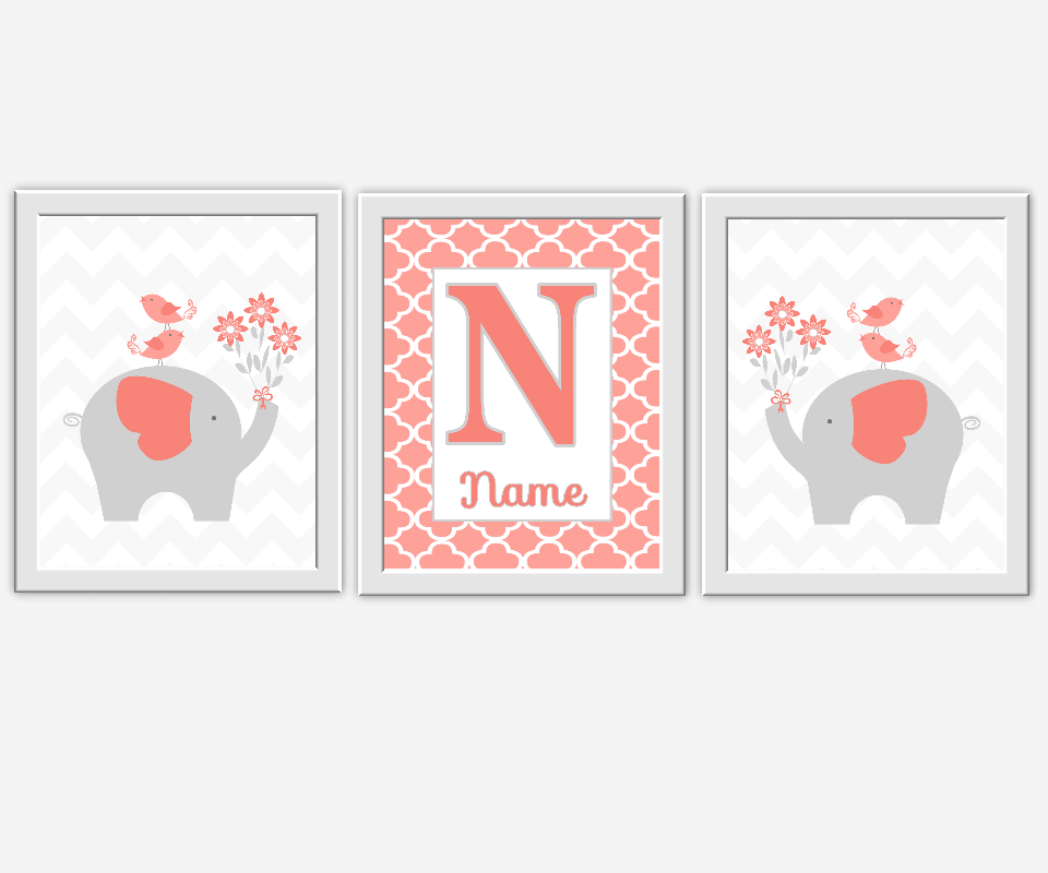 Baby Girl Nursery Wall Art Coral Gray Elephants Girl Room Wall