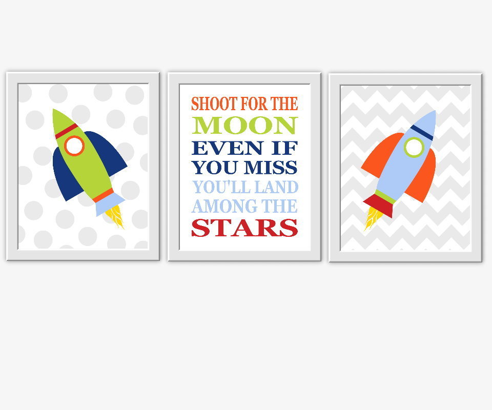 Baby Nursery Wall Art Space Spaceship Rocket Shoot For The Moon Quotes For Boys Room Wall Art Prints Decor SET OF 3 UNFRAMED PRINTS 00133
