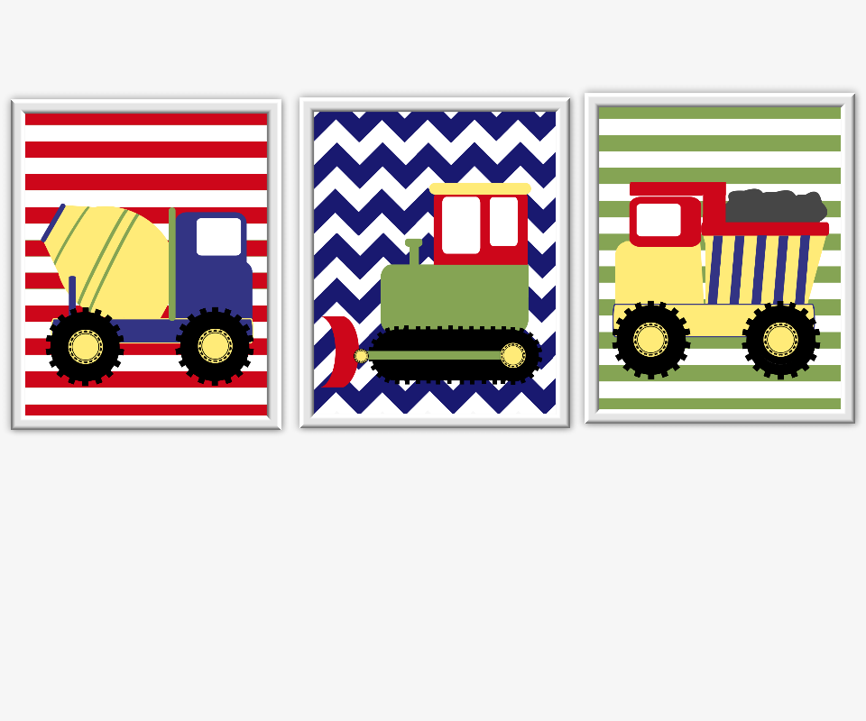 Construction Trucks Baby Boy Nursery Art Boys Room Wall Art Dump Truck Cement Truck Bulldozer Wall Art for Boys Room Playroom Art for Boys 00226