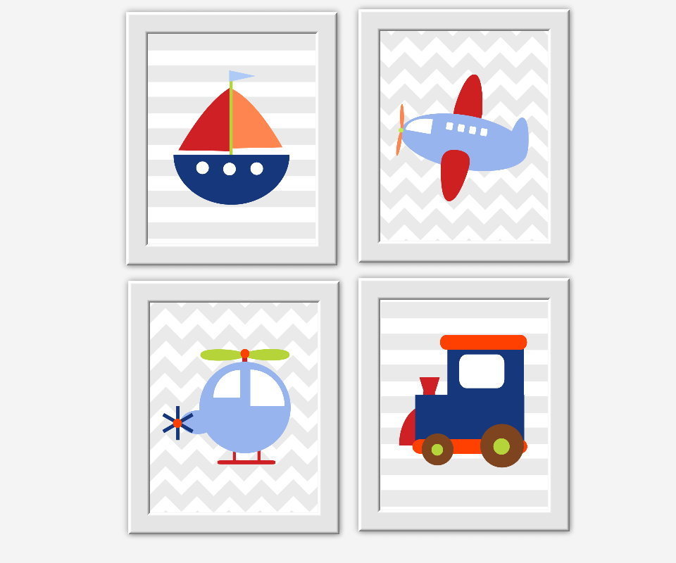Tranportation Baby Boy Nursery Wall Art Sailboat Plant Train Helicopter Toddler Boys Room Decor Wall Art 00136
