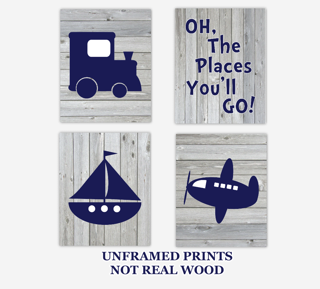 Transportation Baby Boy Nursery Art Train Airplane Boat Oh The Places You'll Go Baby Nursery Decor Rustic Farmhouse SET OF 4 UNFRAMED PRINTS 01174