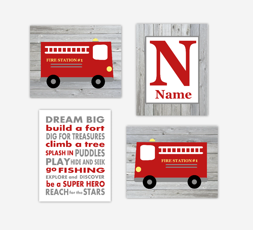 Fire Truck Baby Boy Nursery Art Personalized Name Print Dream Big Little One Baby Nursery Decor SET OF 4 UNFRAMED PRINTS 01166