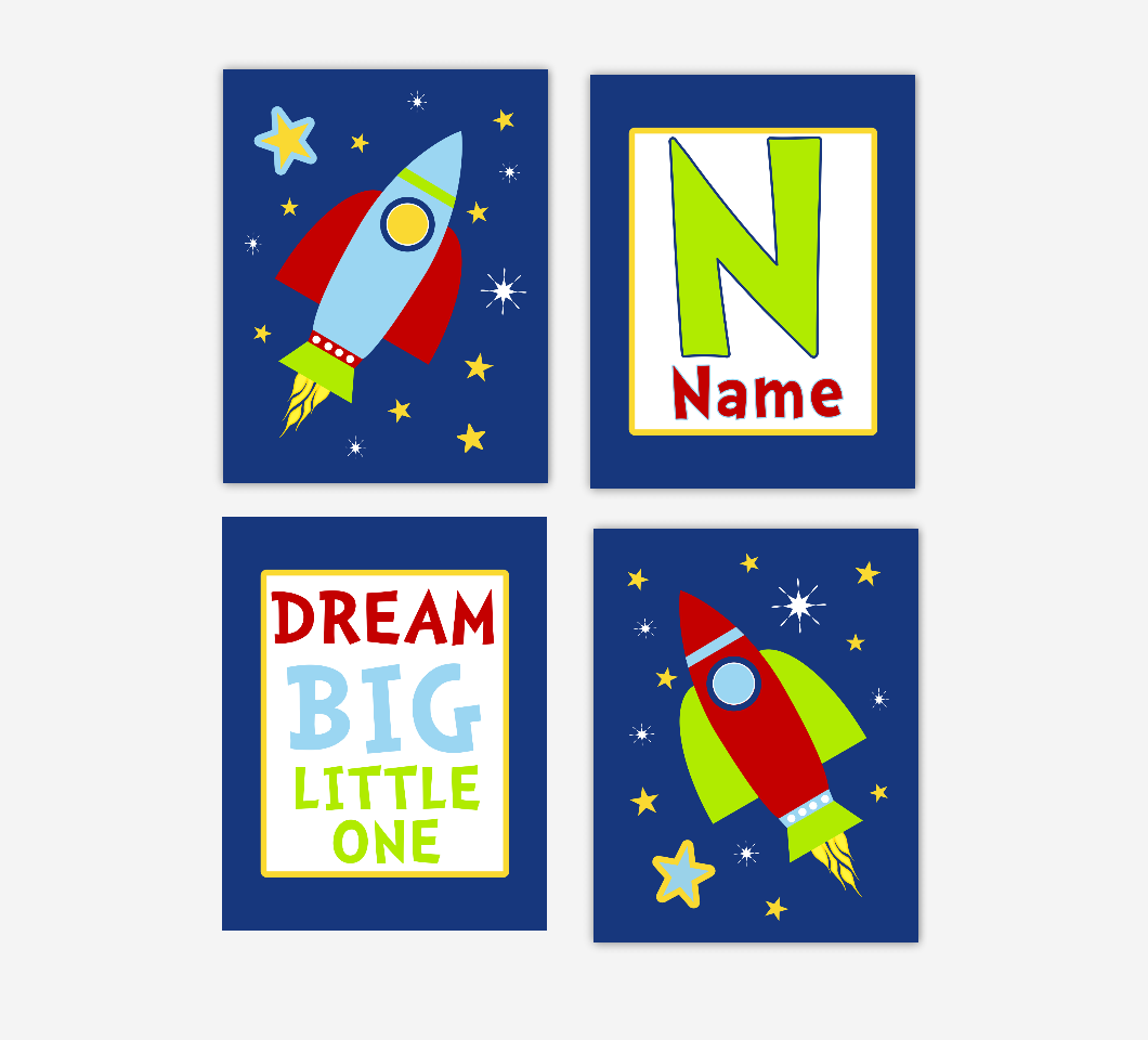 Baby Boy Nursery Wall Art Space Theme Rocket Ship Spaceship Personalized Name Dream Big Little One Baby Nursery Decor SET OF 4 UNFRAMED PRINTS 01130