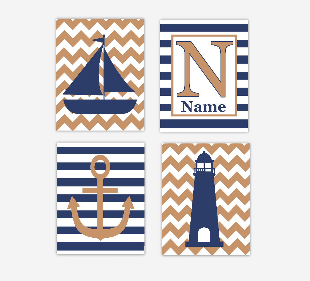 Nautical Baby Boy Nursery Art Navy Blue Sailboat Lighthouse Anchor Personalized Art Baby Nursery Decor SET OF 4 UNFRAMED PRINTS 01114