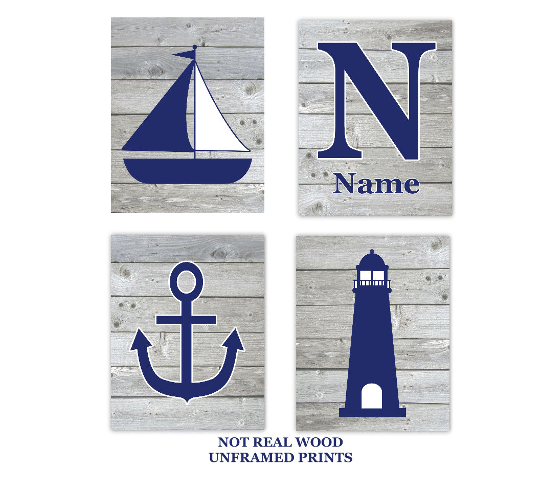 Nautical Baby Nursery Wall Art Sailboat Lighthouse Anchor Personalized Name Wood Rustic Baby Nursery Decor SET OF 4 UNFRAMED PRINTS 01109