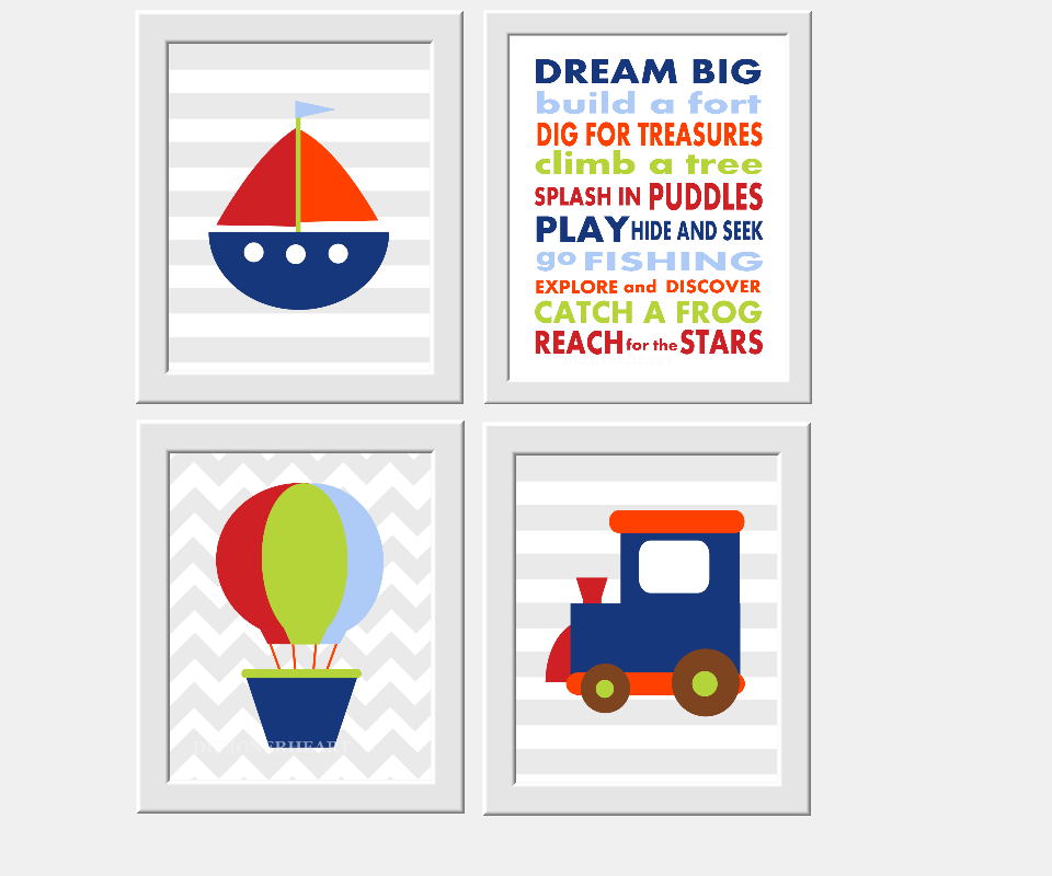 Nautical Baby Boy Nursery Wall Art Transportation Sailboat Train Dream Big Little One Toddler Boys Room Decor Prints for Boys 00206
