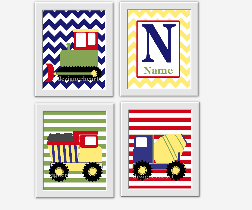 Baby Boy Nursery Wall Art Construction Trucks Vehicles Green Red Blue Yellow Boys Room Wall Art Playroom Art Builder Baby Nursery Decor Art SET OF 4 UNFRAMED PRINTS 00635