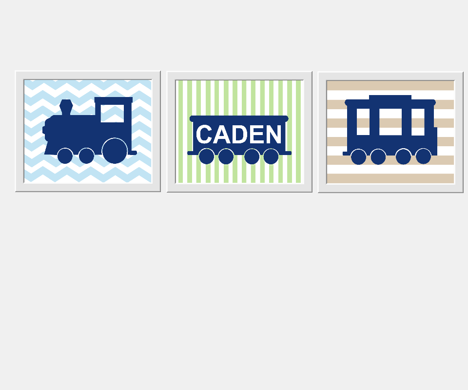 Personalized Baby Nursery Wall Art Train Blue Green Beige Choo Choo Name Wall Art Playroom Boys Room Toddler Boy Prints Bedroom Home Decor SET OF 3 UNFRAMED PRINTS 00324
