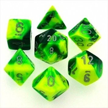 Gemini™ Green-Yellow w/silver Dice Set - 7-Die Set (7) - Chessex CHX26454