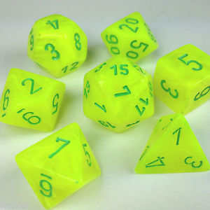 Vortex Electric Yellow w/green Dice Set - 7-Die Set (7) - Chessex CHX27422