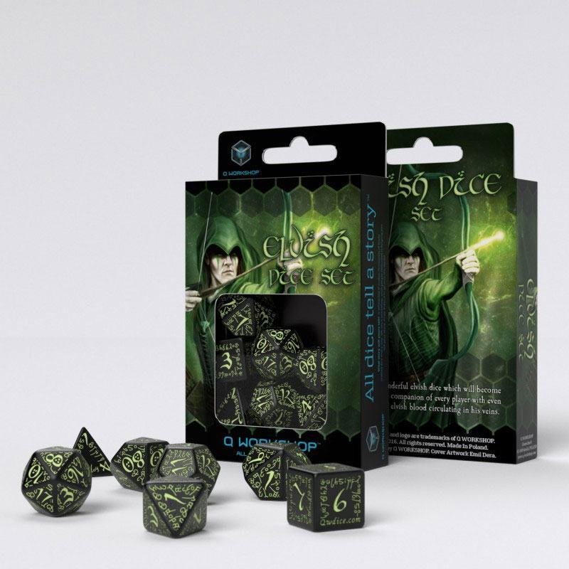 Elvish Würfel Set schwarz & glow-in-the-dark (7) - Q-Workshop QWSSELV19
