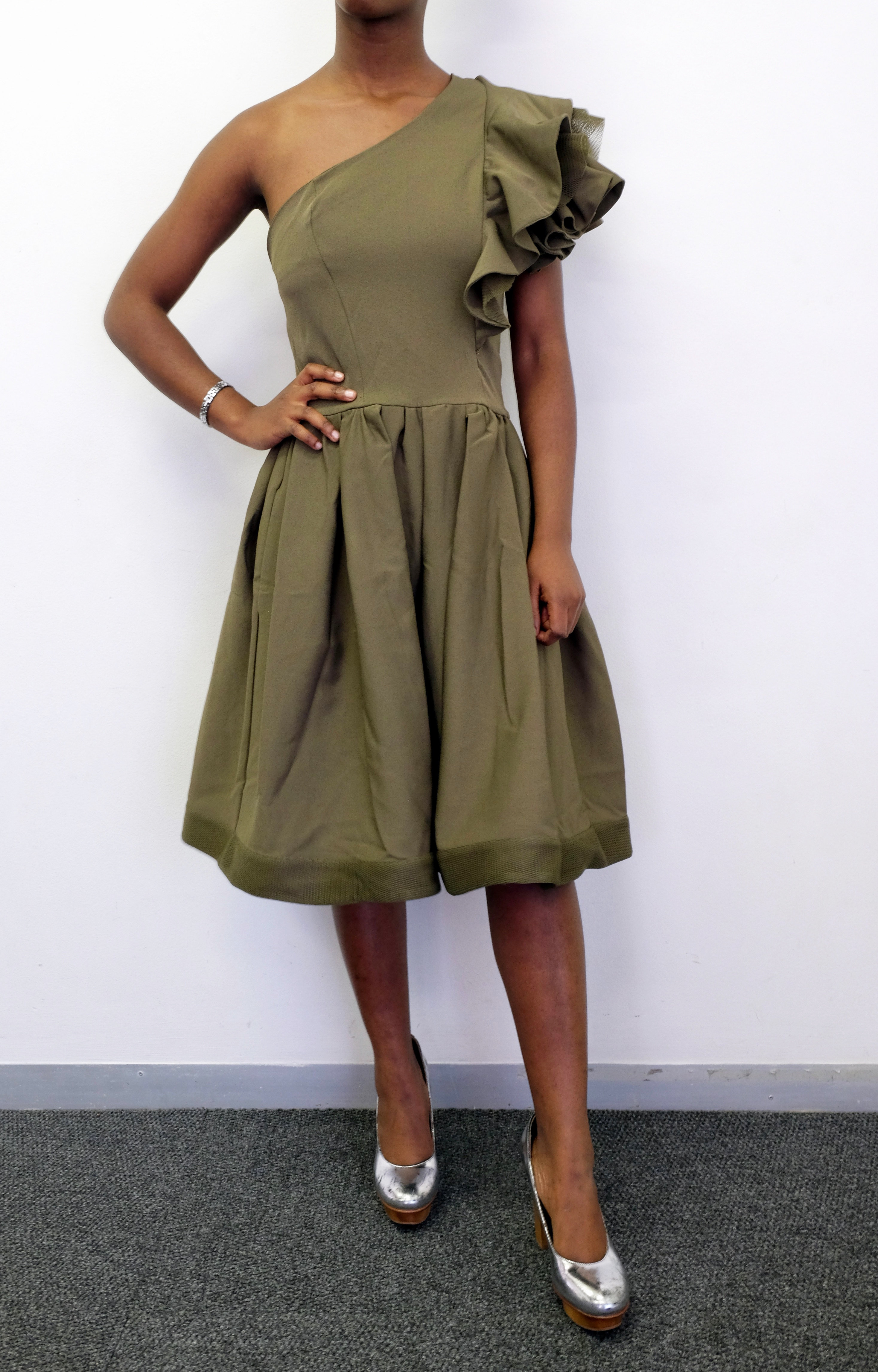 Gert-Johan Coetzee One Shoulder Flare Frill Dress, Col. Olive, Size S 00001