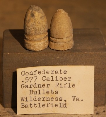 JUST ADDED ON 3/27 - THE BATTLE OF THE WILDERNESS - Two .58 Caliber Confederate Gardner Bullets with Original Collector's Label - Found in 1959 JUST ADDED ON 3/27 - THE BATTLE OF THE WILDERNESS - Two .58 Caliber Confederate Gardner Bullets with Original Collector's Label - Found in 1959