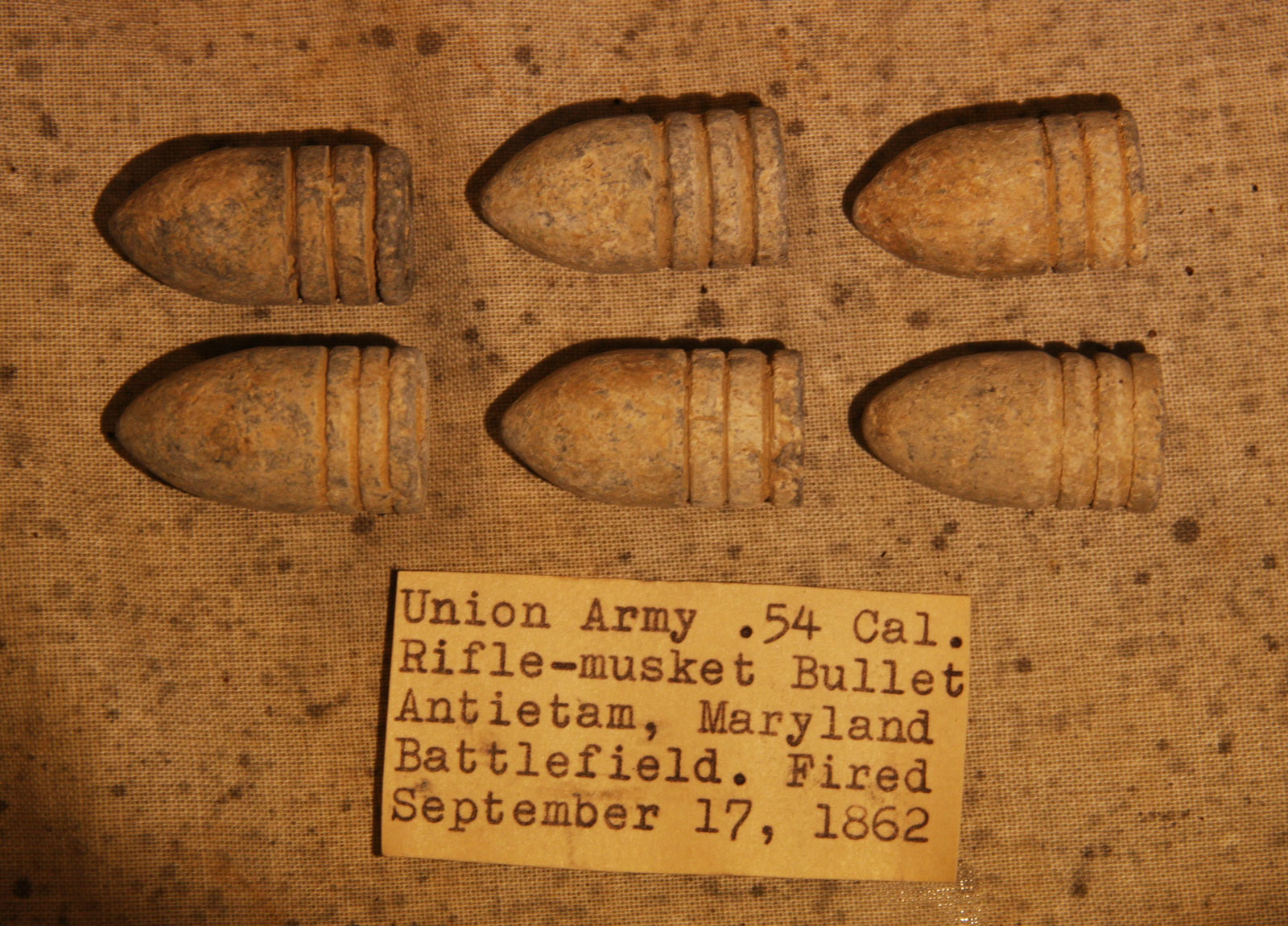 JUST ADDED ON 5/2 - THE BATTLE OF ANTIETAM - Six .58 Caliber Bullets including Four Rarer Machine Grooved with Original Collection Label RG-ANT107