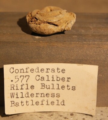 JUST ADDED ON 6/5 - THE BATTLE OF THE WILDERNESS - Very Unusual Mushroomed Fired Gardner Bullet - Wood Attached - Found in 1959 - with Original Collector's Label JUST ADDED ON 6/5 - THE BATTLE OF THE WILDERNESS - Very Unusual Mushroomed Fired Gardner Bullet - Wood Attached - Found in 1959 - with Original Collector's Label