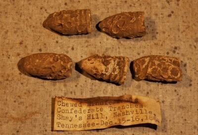 JUST ADDED ON 6/19 - THE BATTLE OF NASHVILLE / SHY'S HILL / CONFEDERATE LINES - 5 Bullets with Teeth Marks found in 1963 - with Original Label JUST ADDED ON 6/19 - THE BATTLE OF NASHVILLE / SHY'S HILL / CONFEDERATE LINES - 5 Bullets with Teeth Marks found in 1963 - with Original Label